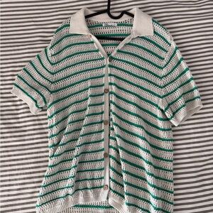 Zara Green and Cream Striped Knit Shirt